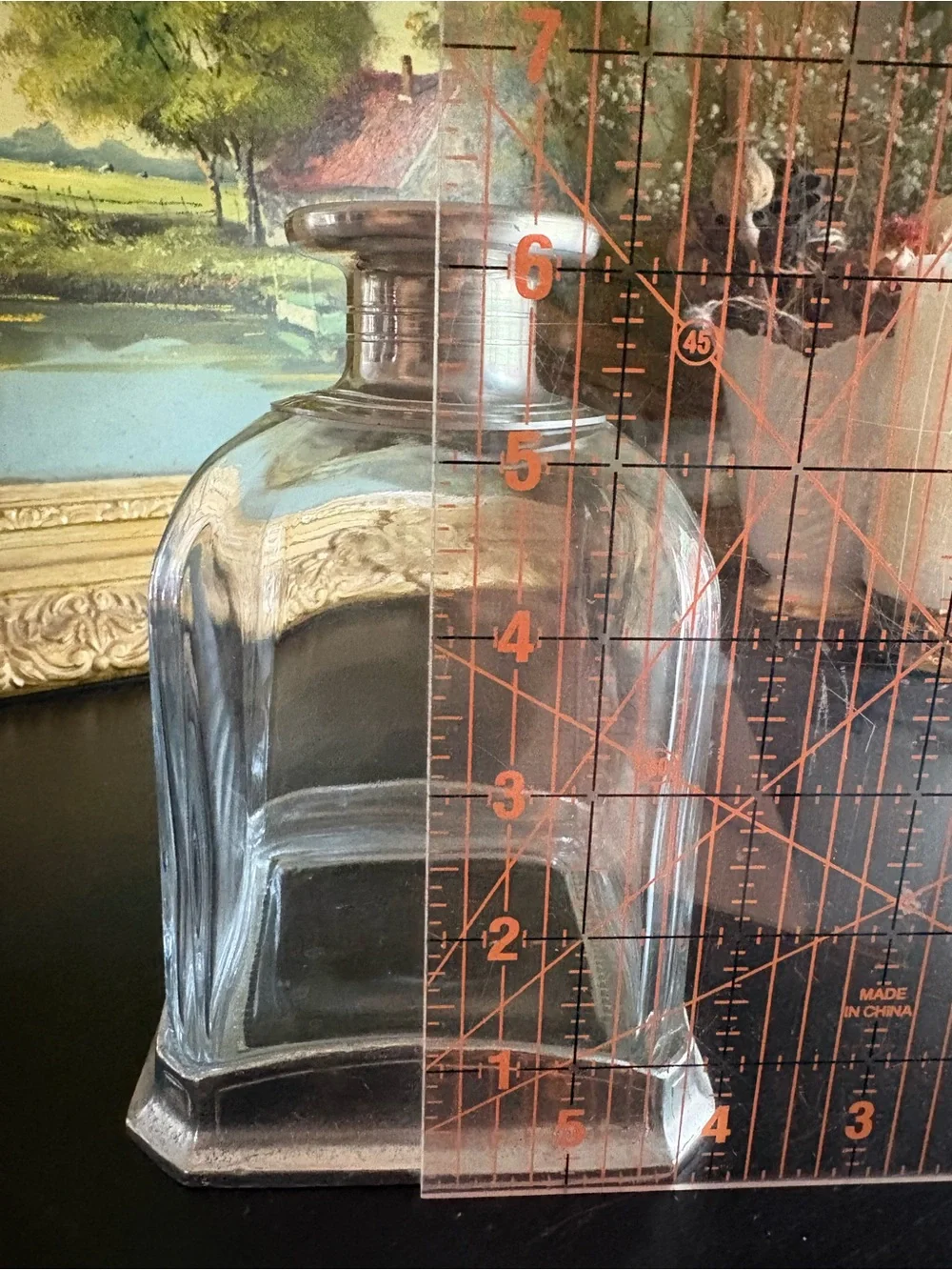 Italian Glass & Pewter Medium Geometric Decanter w/ Rounded Stopper Minimalist